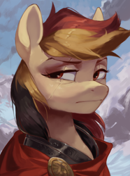 Size: 1560x2100 | Tagged: safe, artist:cadillacdynamite, community related, oc, oc:typhoon, species:pegasus, species:pony, equestria at war mod, angry, armor, bust, cape, clothing, commission, eye scar, facial scar, female, guard, guardsmare, mare, portrait, royal guard, scar, scowl, sky, solo, squint