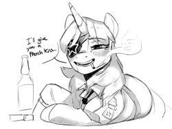 Size: 1321x990 | Tagged: safe, artist:cadillacdynamite, edit, oc, oc only, oc:starry night (eaw), species:pony, species:unicorn, equestria at war mod, alcohol, black and white, cigarette, dialogue, drink, drunk, eyepatch, female, flirting, grayscale, mare, monochrome, simple background, sketch, smoking, solo, text, white background