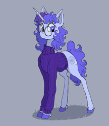 Size: 1193x1378 | Tagged: safe, artist:paskanaakka, oc, oc:midnight dew, species:pony, species:unicorn, clothing, colored hooves, cute, cutie mark, ear fluff, explicit source, female, glasses, gray background, hooves, horn, mare, ocbetes, simple background, smiling, solo, sweater, turtleneck, unshorn fetlocks