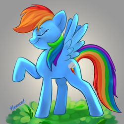 Size: 2500x2500 | Tagged: safe, artist:hexe_cat, character:rainbow dash, species:pegasus, species:pony, g4, abstract background, eyes closed, female, gray background, mare, ponyday, profile, rainbow dash day, raised hoof, signature, simple background, solo, spread wings, wings