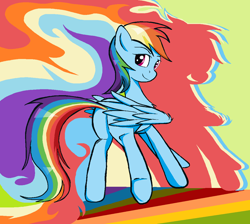 Size: 1206x1082 | Tagged: safe, artist:sallycars, character:rainbow dash, species:pegasus, species:pony, g4, abstract background, black outlines, butt, digital art, eyebrows, female, looking at you, looking back, looking back at you, mare, ms paint, plot, ponyday, rainbow dash day, rainbutt dash, smiling, smiling at you, solo