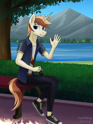 Size: 2250x3000 | Tagged: safe, artist:dash wang, oc, oc:cream brun, species:anthro, species:plantigrade anthro, species:unicorn, g4, camera, clothing, converse, hand, looking at you, male, scenery, shoes, signature, sitting, sneakers, stallion, three quarter view, unicorn oc
