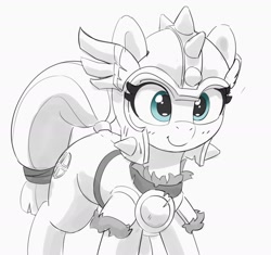 Size: 1740x1635 | Tagged: safe, artist:pabbley, character:sun cross, species:earth pony, species:pony, g4, armor, blushing, cute, cutie mark, eyelashes, female, grayscale, guard, guardsmare, helmet, limited palette, mare, mighty helm, monochrome, pauldron, simple background, smiling, solo, sundorable, tail, tail wrap, white background