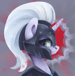 Size: 980x996 | Tagged: safe, artist:tu-kierownik, character:silver sable, species:pony, species:unicorn, g4, bust, eyelashes, female, guard, guardsmare, horn, looking back, mare, night guard, night guard armor, royal guard, simple background, solo