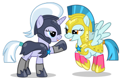 Size: 5500x3500 | Tagged: safe, anonymous artist, character:guardian angel, character:silver sable, species:pegasus, species:pony, species:unicorn, g4, armor, clothing, duo, duo female, female, females only, flying, guard, guardsmare, hooves, horn, mare, one hoof raised, royal guard, simple background, socks, transparent background, wings