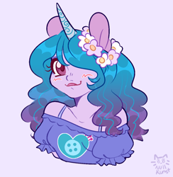 Size: 1008x1033 | Tagged: safe, artist:nullkunst, character:izzy moonbow, species:human, g4, g5, my little pony:equestria girls, colored pupils, cute, female, gradient hair, hair over one eye, horn, horned humanization, humanized, izzybetes, lavender background, multicolored hair, signature, simple background, solo, species swap