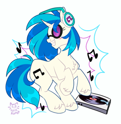 Size: 1365x1396 | Tagged: safe, artist:nullkunst, character:dj pon-3, character:vinyl scratch, species:pony, species:unicorn, g4, cute, female, mare, profile, rearing, signature, simple background, smiling, solo, sunglasses, turntable, vinylbetes, white background
