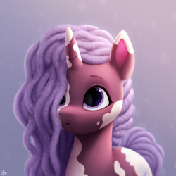 Size: 2000x2000 | Tagged: safe, artist:luminousdazzle, character:violette rainbow, species:pony, species:unicorn, g5, bust, cute, dreadlocks, female, filly, foal, gradient background, hair over one eye, high res, markings, semi-realistic, simple background, solo, solo female, spots, vitiligo, young