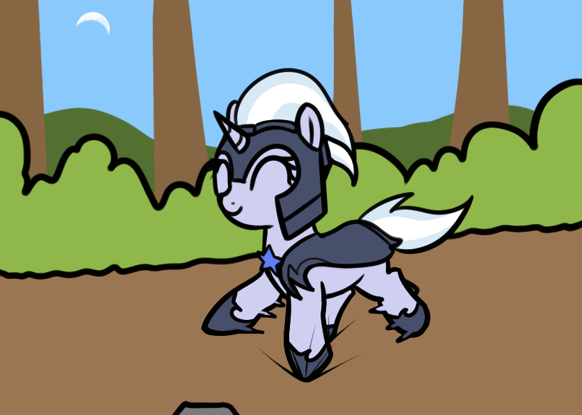 Size: 837x598 | Tagged: safe, artist:neuro, character:silver sable, species:pony, species:unicorn, g4, animated, armor, cute, day, eyelashes, eyes closed, female, gif, guard, guardsmare, horn, mare, night guard, night guard armor, road, royal guard, sablebetes, sky, smiling, solo, tree, trotting