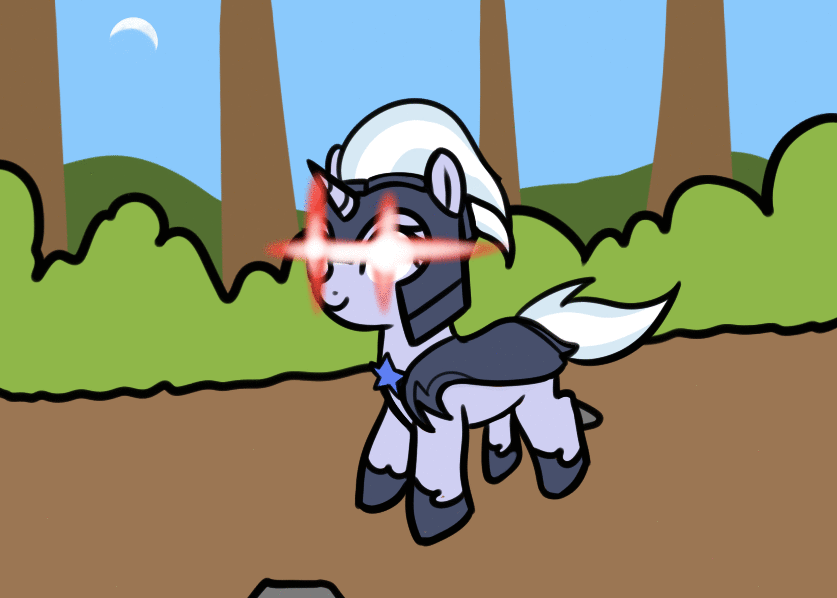 Size: 837x598 | Tagged: safe, artist:neuro, character:silver sable, species:pony, species:unicorn, g4, animated, armor, day, female, floating, gif, glowing eyes, glowing eyes meme, guardsmare, helmet, horn, mare, meme, night guard, night guard armor, road, royal guard, sky, solo, tree