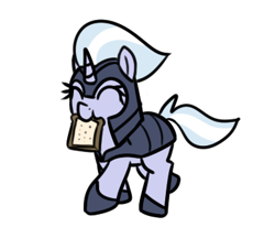 Size: 388x335 | Tagged: safe, artist:neuro, character:silver sable, species:pony, species:unicorn, g4, armor, clothing, cute, eyelashes, eyes closed, female, guardsmare, hoof shoes, horn, mare, night guard, night guard armor, poptart, royal guard, sablebetes, shoes, simple background, smiling, solo, tail, transparent background