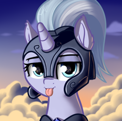 Size: 360x357 | Tagged: source needed, safe, artist:neuro, character:silver sable, species:pony, species:unicorn, g4, armor, blep, cloud, eyebrows, eyelashes, female, guardsmare, helmet, horn, mare, night guard, night guard armor, royal guard, solo, tongue out