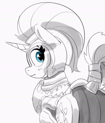 Size: 1794x2095 | Tagged: safe, artist:pabbley, character:silver sable, species:pony, species:unicorn, g4, armor, cute, eyelashes, female, grayscale, guardsmare, helmet, knight, limited palette, looking at you, looking back, looking back at you, mare, monochrome, partial color, sablebetes, simple background, solo, tail, tail wrap, white background