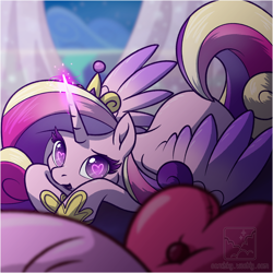 Size: 1202x1202 | Tagged: safe, artist:coralsky, character:princess cadance, species:alicorn, species:pony, g4, cute, cutedance, female, glowing horn, heart eyes, horn, looking at you, lying down, magic, magic aura, mare, open mouth, prone, solo, wingding eyes