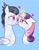 Size: 1074x1368 | Tagged: safe, artist:petaltwinkle, character:rumble, character:sweetie belle, species:pegasus, species:pony, species:unicorn, ship:rumbelle, g4, bedroom eyes, blue background, blushing, cute, diasweetes, duo, eye contact, female, floppy ears, glowing, glowing horn, heart, horn, looking at each other, looking at someone, magic, male, mare, nuzzling, older, older rumble, older sweetie belle, rumblebetes, shipping, simple background, stallion, straight