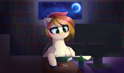 Size: 2893x1700 | Tagged: safe, artist:taiweiart, oc, oc only, species:earth pony, species:pony, g4, book, cheek fluff, chest fluff, computer, computer mouse, cute, ear fluff, ear piercing, earth pony oc, eye clipping through hair, eyebrows, eyebrows visible through hair, feather, fluffy, glasses, jewelry, librarian, library, night, ocbetes, piercing, pince-nez, plant, potted plant, quill, signature, solo