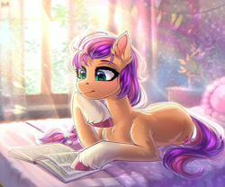 Size: 2400x2000 | Tagged: safe, artist:hakaina, character:sunny starscout, species:earth pony, species:pony, g5, backlighting, beautiful, bed, bedroom, book, braid, braided ponytail, chest fluff, coat markings, colored, colored eyebrows, colored hooves, crepuscular rays, cute, depth of field, ear fluff, eyebrows, eyelashes, female, fluffy, gradient hooves, green eyes, high res, hoof fluff, hoof on chin, hooves, indoors, leg fluff, looking at something, looking down, lying down, mare, on bed, pillow, plant, ponytail, potted plant, prone, reading, scrunchie, shading, shadow, signature, smiling, socks (coat marking), solo, spine, sunnybetes, three quarter view, unshorn fetlocks, window