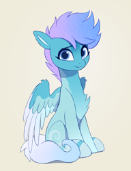 Size: 1800x2340 | Tagged: safe, artist:luminousdazzle, oc, oc only, oc:arctic breeze, species:pegasus, species:pony, g5, beige background, blue eyes, chest fluff, colored wings, cute, female, mare, markings, multicolored hair, multicolored wings, ocbetes, pegasus oc, simple background, sitting, smiling, solo, spread wings, stripes, three quarter view, wing fluff, wings