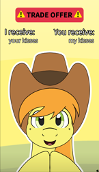 Size: 4850x8334 | Tagged: safe, artist:sefastpone, character:braeburn, species:earth pony, species:pony, g4, apple family member, bust, clothing, cowboy hat, cute, explicit source, front view, full face view, hat, looking at you, male, meme, open mouth, simple background, stallion, text, trade offer