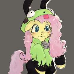 Size: 2048x2048 | Tagged: safe, artist:egg_t0ast, character:fluttershy, oc, oc:fluttgirshy, species:pegasus, species:pony, g4, antonymph, clothing, costume, cute, female, gir, gray background, hoodie, invader zim, mare, shyabetes, simple background, solo