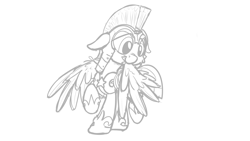 Size: 3840x2160 | Tagged: safe, artist:pirill, character:guardian angel, species:pegasus, species:pony, g4, armor, clothing, female, grooming, guard, guardsmare, hoof shoes, mare, monochrome, preening, raised leg, royal guard, royal guard armor, shoes, simple background, sketch, solo, white background, wings, wip