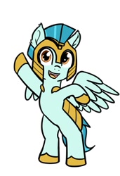 Size: 617x900 | Tagged: safe, artist:neuro, character:guardian angel, species:pegasus, species:pony, g4, armor, bipedal, clothing, ear fluff, female, helmet, hoof shoes, looking at you, mare, open mouth, shoes, simple background, solo, spread wings, tail, waving at you, white background, wings