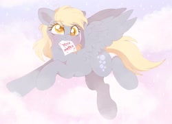 Size: 2156x1564 | Tagged: safe, artist:adostume, character:derpy hooves, species:pegasus, species:pony, g4, adorkable, blushing, cloud, colored pupils, cute, cutie mark, dork, eyebrows, eyebrows visible through hair, eyelashes, female, fluffy, flying, happy, holding, mare, mouth hold, pink sky, positive message, positive ponies, raised hoof, sky, solo, sparkles, spread wings, wholesome, wings