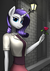 Size: 1573x2247 | Tagged: safe, artist:dash wang, character:rarity, species:anthro, species:unicorn, g4, clothing, eyebrows, female, flower, light, looking at you, mare, rose, signature, solo, streetlight, three quarter view, wall, window