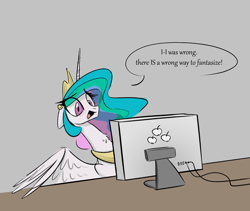 Size: 2440x2059 | Tagged: safe, anonymous artist, derpibooru original, character:princess celestia, species:alicorn, species:pony, g4, 4chan, applejack's cutie mark, blushing, chest fluff, colored, computer, crown, cute, cutelestia, dialogue, drawthread, eye clipping through hair, eyebrows, eyebrows visible through hair, female, floppy ears, frown, funny, funny as hell, gray background, horrified, internet, jewelry, mare, neck fluff, necklace, oh no, open mouth, peytral, regalia, scared, scaredlestia, simple background, solo, spread wings, table, there are wrong ways to fantasize, there is no wrong way to fantasize, traumatized, wide eyes, wings