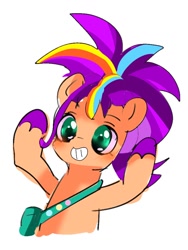 Size: 768x1024 | Tagged: safe, artist:pnpn_721, character:sunny starscout, species:earth pony, species:pony, g5, my little pony: tell your tale, spoiler:my little pony: tell your tale, spoiler:tyts01e05, alternate hairstyle, bag, colored hooves, cute, female, grin, hooves, mane melody, mare, saddle bag, simple background, smiling, solo, sunnybetes, unshorn fetlocks, white background