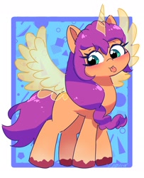Size: 1722x2124 | Tagged: safe, artist:leo19969525, character:sunny starscout, species:alicorn, species:earth pony, species:pony, g5, abstract background, alicornified, blep, blushing, colored hooves, cute, ears, ears up, female, green eyes, hair, hooves, horn, magic horn, magic wings, mane, mare, race swap, signature, solo, spread wings, sunnybetes, sunnycorn, tail, tongue out, unshorn fetlocks, wings