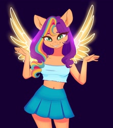 Size: 1702x1916 | Tagged: safe, artist:cherubisous, character:sunny starscout, species:alicorn, species:anthro, species:earth pony, g5, adorasexy, alicornified, artificial wings, augmented, bare shoulders, belly button, blue background, breasts, clothing, colored eyebrows, colored pupils, cute, dark background, eye clipping through hair, eyebrows, female, front view, full face view, grin, lip bite, looking at you, magic, magic horn, magic wings, mare, midriff, miniskirt, pleated skirt, race swap, sexy, shirt, short shirt, simple background, skirt, sleeveless, smiling, smiling at you, solo, sunnybetes, sunnycorn, tank top, thighs, wings