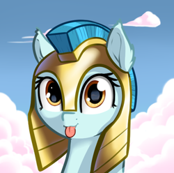 Size: 360x357 | Tagged: source needed, safe, artist:neuro, character:guardian angel, species:pegasus, species:pony, g4, armor, blep, bust, cloud, cute, day, eyelashes, female, helmet, looking at you, mare, portrait, royal guard, royal guard armor, sky, solo, tongue out