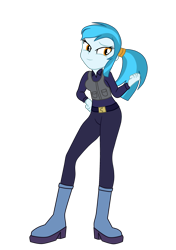 Size: 1930x2738 | Tagged: safe, artist:gmaplay, part of a set, character:guardian angel, species:eqg human, g4, belt, body armor, boots, clothing, equestria girls-ified, eyebrows, eyelashes, female, hand, hand on hip, hips, looking sideways, pants, police, police officer, ponytail, scrunchie, shirt, shoes, simple background, solo, species swap, transparent background