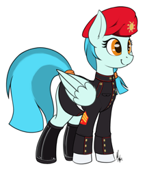 Size: 1470x1569 | Tagged: safe, alternate version, artist:ponynamedmixtape, derpibooru original, character:guardian angel, species:pegasus, species:pony, g4, beret, boots, clothing, eye clipping through hair, eyelashes, female, folded wings, formal wear, hat, mare, marines, military, military uniform, royal guard, shoes, simple background, solo, tail, tail wrap, transparent background, uniform, wings
