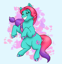 Size: 2536x2645 | Tagged: safe, artist:bellbell123, character:jazz hooves, species:earth pony, species:pony, g5, abstract background, bipedal, female, hoof polish, mare, smiling, solo