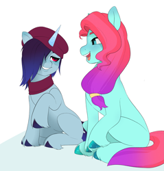 Size: 2121x2219 | Tagged: safe, artist:aztrial, character:jazz hooves, character:onyx, species:earth pony, species:pony, species:unicorn, g5, beret, blushing, clothing, cute, duo, female, grin, hair over one eye, hat, jazzibetes, looking at each other, looking at someone, mare, onyxhooves, open mouth, raised hoof, scarf, simple background, sitting, smiling, unshorn fetlocks, white background