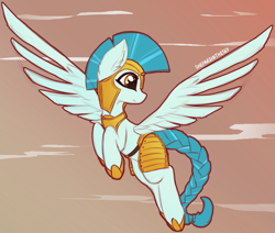 Size: 1569x1332 | Tagged: safe, artist:shepardinthesky, character:guardian angel, species:pegasus, species:pony, g4, armor, beautiful, braid, braided tail, clothing, cloud, colored, colored sketch, commission, female, flying, guard, guardsmare, helmet, hoof shoes, mare, royal guard, royal guard armor, shoes, sketch, sky, solo, spread wings, tail, wings