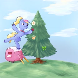 Size: 4096x4096 | Tagged: safe, artist:felldeal, character:fifi (g5), species:pegasus, species:pony, series:daily drawing december, g5, apple, balancing, bow, cart, christmas, christmas tree, clothing, cutie mark, decoration, female, flower, folded wings, food, hat, holiday, mare, solo, tree, visor, wings