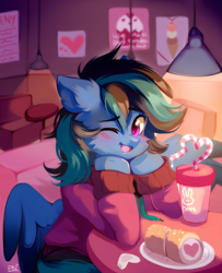 Size: 1591x1956 | Tagged: safe, artist:pledus, oc, oc only, species:pegasus, species:pony, blushing, cafe, clothing, eyebrows, eyebrows visible through hair, hoodie, indoors, looking at you, one eye closed, open mouth, open smile, signature, sitting, smiling, smiling at you, solo, wink, winking at you