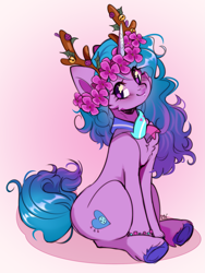 Size: 1653x2203 | Tagged: safe, artist:pledus, character:izzy moonbow, species:pony, species:unicorn, episode:winter wishday, g5, my little pony: make your mark, spoiler:winter wishday, antlers, cute, female, floral head wreath, flower, gradient hair, izzybetes, looking at you, mare, multicolored hair, reindeer antlers, signature, sitting, solo, tail
