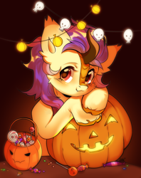Size: 2265x2866 | Tagged: safe, artist:pledus, oc, oc only, species:kirin, candy, cloven hooves, food, halloween, holiday, hooves, jack-o-lantern, looking at you, pumpkin, pumpkin bucket, solo