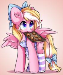 Size: 1602x1887 | Tagged: safe, artist:pledus, oc, oc only, oc:bay breeze, species:pegasus, species:pony, apron, bow, clothing, cookie, ear fluff, female, food, hair bow, holding, looking up, mare, mouth hold, socks, solo, spread wings, striped socks, tail bow, wings