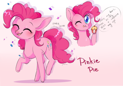 Size: 2826x1974 | Tagged: safe, artist:pledus, character:pinkie pie, species:earth pony, species:pony, g4, blep, blushing, confetti, cupcake, dialogue, ear fluff, eyes closed, female, food, leg fluff, looking at you, mare, one eye closed, open mouth, pinkie sense, portrait, smiling, solo, speech bubble, text, tongue out, twitchy tail, wink