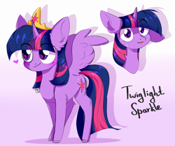 Size: 2365x1979 | Tagged: safe, artist:pledus, character:twilight sparkle, character:twilight sparkle (alicorn), species:alicorn, species:pony, species:unicorn, g4, blushing, crown, ear fluff, eye clipping through hair, female, heart, jewelry, leg fluff, looking at you, mare, one ear down, portrait, regalia, smiling, solo, spread wings, sweat, text, wings