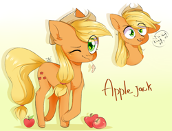 Size: 2524x1914 | Tagged: safe, artist:pledus, character:applejack, species:earth pony, species:pony, g4, apple, dialogue, ear fluff, eye clipping through hair, female, food, leg fluff, looking at you, mare, one eye closed, portrait, smiling, solo, speech bubble, straw in mouth, text, wink