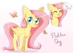 Size: 2774x2003 | Tagged: safe, artist:pledus, character:fluttershy, species:pegasus, species:pony, g4, blushing, butterfly, dialogue, ear fluff, eyes closed, female, folded wings, leg fluff, looking at you, mare, open mouth, portrait, smiling, solo, speech bubble, text, wings, yay