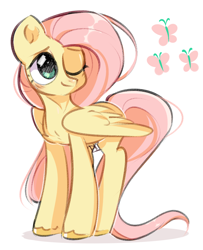 Size: 880x1083 | Tagged: safe, artist:pledus, character:fluttershy, species:pegasus, species:pony, g4, butterfly, chest fluff, cutie mark, female, folded wings, mare, one eye closed, simple background, smiling, solo, unshorn fetlocks, white background, wings