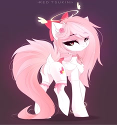 Size: 2581x2759 | Tagged: safe, artist:red_tsukini, oc, oc only, oc:bubble cloud, species:pegasus, species:pony, bow, female, folded wings, hair bow, looking at you, looking back, looking back at you, mare, solo, wings
