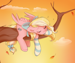 Size: 2671x2248 | Tagged: safe, artist:pledus, oc, oc only, oc:bay breeze, species:pegasus, species:pony, g4, autumn, bow, clothing, commission, cute, eyes closed, female, hair bow, high res, leaves, mare, ocbetes, sleeping, socks, solo, striped socks, tail, tail bow, tree, tree branch, wings, ych result